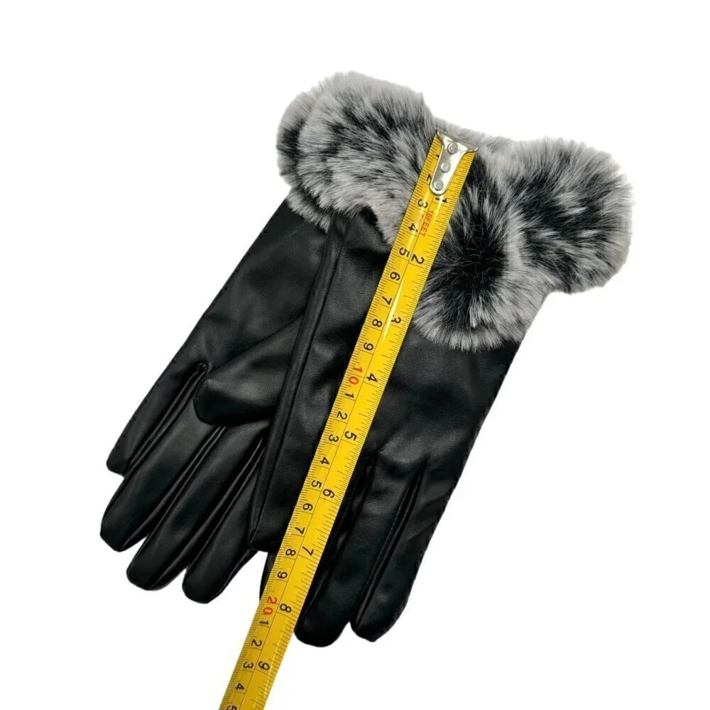 NWT Women's Winter Gloves Sz. M Black Faux Leather Fleece Lined Fur Cuff